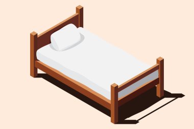 Yataklı, tahtadan bir yatak. İzometrik tek kişilik yatak. Yatak ve yastıklı tahta yatak çerçevesi. Isometric yatak odası mobilyası