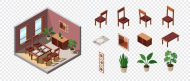 Isome yemek odası. Yemek odasının içinde. Masa, sandalyeler ve diğer mobilyalar. Isometric ev mobilyası. Isometric ev odası