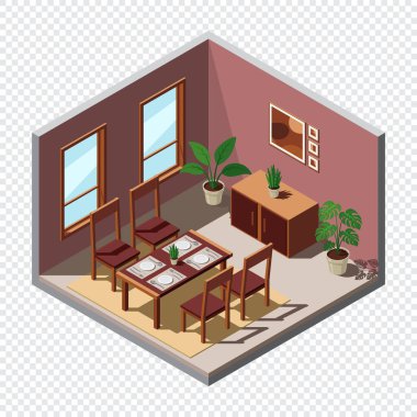 Isome yemek odası. Yemek odasının içinde. Masa, sandalyeler ve diğer mobilyalar. Isometric ev mobilyası. Isometric ev odası