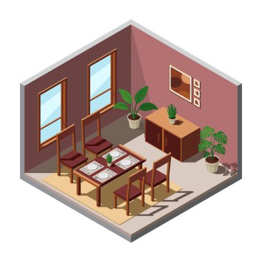 Isome yemek odası. Yemek odasının içinde. Masa, sandalyeler ve diğer mobilyalar. Isometric ev mobilyası. Isometric ev odası