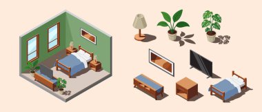 Isometric yatak odası. Yatak odasının içi. Yatak, lambalar, televizyon ve diğer yatak odası ekipmanları. Isometric ev mobilyası. Isometric ev odası