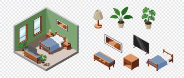 Isometric yatak odası. Yatak odasının içi. Yatak, lambalar, televizyon ve diğer yatak odası ekipmanları. Isometric ev mobilyası. Isometric ev odası