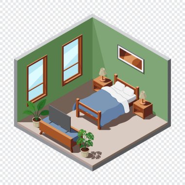 Isometric yatak odası. Yatak odasının içi. Yatak, lambalar, televizyon ve diğer yatak odası ekipmanları. Isometric ev mobilyası. Isometric ev odası