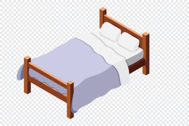Yataklı, tahtadan bir yatak. 3 boyutlu izometrik yatak. Yatağı, yastığı ve battaniyesi olan tahta bir yatak çerçevesi. Isometric yatak odası mobilyası