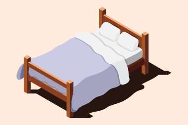 Yataklı, tahtadan bir yatak. 3 boyutlu izometrik yatak. Yatağı, yastığı ve battaniyesi olan tahta bir yatak çerçevesi. Isometric yatak odası mobilyası