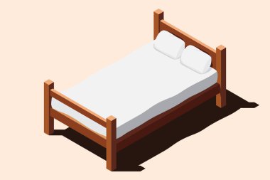 Yataklı, tahtadan bir yatak. 3 boyutlu izometrik yatak. Yatak ve yastıklı tahta yatak çerçevesi. Isometric yatak odası mobilyası