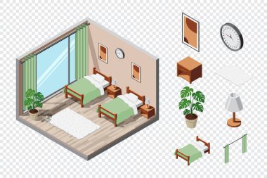 Isometric yatak odası. Yatak odasının içi. Yatak, lamba, halı ve diğer yatak odası malzemeleri. Isometric ev mobilyası. Isometric ev odası