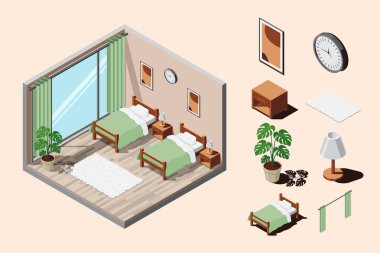 Isometric yatak odası. Yatak odasının içi. Yatak, lamba, halı ve diğer yatak odası malzemeleri. Isometric ev mobilyası. Isometric ev odası