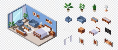 Isome 'ın otel odasının içi. Yatağı, penceresi, televizyonu, kanepesi ve masası olan otel odası. Yatak odası mobilyaları. Isometric otel odası