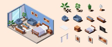 Isome 'ın otel odasının içi. Yatağı, penceresi, televizyonu, kanepesi ve masası olan otel odası. Yatak odası mobilyaları. Isometric otel odası