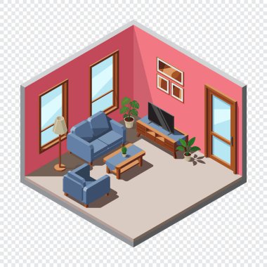 Isometric oturma odası. Oturma odasının içi. Televizyon, kanepe, masa ve diğer oturma odası ekipmanları. Isometric ev mobilyası. Isometric ev odası