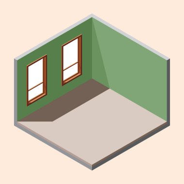 Pencereli Isometric boş oda. Isome 'ın özel odası. Mobilyasız bir oda. Kare alan. Vektör illüstrasyonu