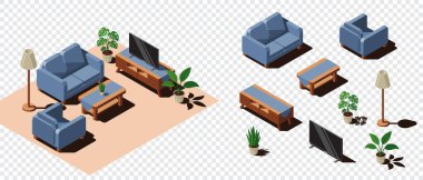 Isometric oturma odası. Oturma odasının içi. Oda kanepe, masa, televizyon, bitkiler ve diğer mobilyaları içeriyor. Isometric ev mobilyası