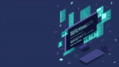 Bilgisayar teknolojisi animasyonu. Masaüstü bilgisayar platformları. Yazılım programlama kodlama kavramı. Bilgisayar monitörüyle kod. 4K video eşölçülü olarak canlandırıldı
