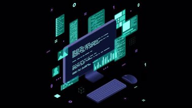 Bilgisayar teknolojisi animasyonu. Masaüstü bilgisayar platformları. Yazılım programlama kodlama kavramı. Bilgisayar monitörüyle kod. Alfa kanalı ile şeffaf arkaplan
