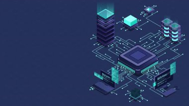 İzometrik yapay zeka çipi animasyonu. Yapay Zeka sunucusu. Fütürist mikroçip işlemcisi. İzometrik bulut hesaplaması. 4K video eşölçülü olarak canlandırıldı