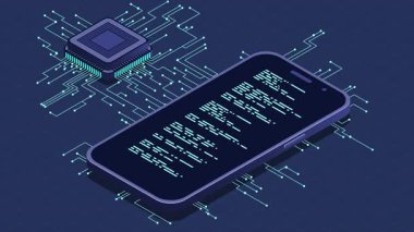 Yapay zeka animasyonlu bir akıllı telefon. Yapay zeka ve akıllı telefon konsepti. Fütürist yapay zeka işlemcili akıllı telefon. 4K video eşölçülü olarak canlandırıldı