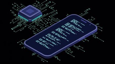 Yapay zeka animasyonlu bir akıllı telefon. Yapay zeka ve akıllı telefon konsepti. Fütürist yapay zeka işlemcili akıllı telefon. Alfa kanalı ile şeffaf arkaplan