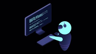 Bilgisayar animasyonuyla gelecekçi robot etkileşimi. Isometric yapay zeka robotu. Dijital iletişim sohbet robotları. Isometric teknolojisi. Alfa kanalı ile şeffaf arkaplan