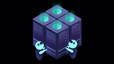 Isometric fütürist sunucu animasyonu. İzometrik veritabanı veya veri merkezi. Soyut engelleme zinciri. Bilgisayar deposu. Bulut deposu. Alfa kanalı ile şeffaf arkaplan