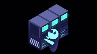 Isometric fütürist sunucu animasyonu. İzometrik veritabanı veya veri merkezi. Soyut engelleme zinciri. Bilgisayar deposu. Bulut deposu. Alfa kanalı ile şeffaf arkaplan