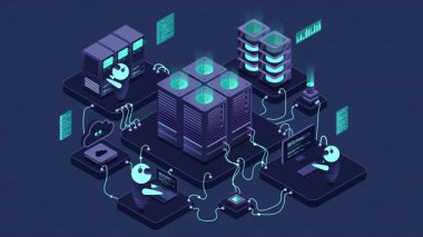 Isometric veri merkezi veya sunucu odası animasyonu. Veri merkezi bağlantı ağı. Bulut deposu. Isometric yüksek teknoloji konsepti. 4K video eşölçülü olarak canlandırıldı