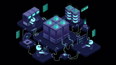 Isometric veri merkezi veya sunucu odası animasyonu. Veri merkezi bağlantı ağı. Bulut deposu. Isometric yüksek teknoloji konsepti. Alfa kanalı ile şeffaf arkaplan