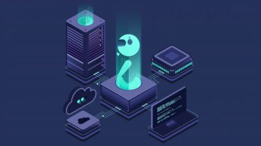 Yapay zeka robot animasyonu. Sistem analizi. Büyük veri işleme. Makine öğrenme teknolojisi. Isometric teknolojisi. 4K video eşölçülü olarak canlandırıldı