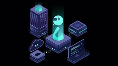 Yapay zeka robot animasyonu. Sistem analizi. Büyük veri işleme. Makine öğrenme teknolojisi. Isometric teknolojisi. Alfa kanalı ile şeffaf arkaplan