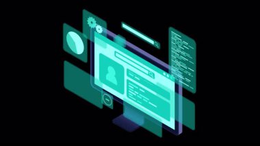 Bilgisayar veri analizi için grafik ve grafiklerle mavi sanal projeksiyonlar ile animasyonu izler. Analitik veriler monitörde. Alfa kanalı ile şeffaf arkaplan
