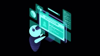 Isometric seo analiz animasyonu. Arama motoru optimizasyon analizi konsepti. Dijital teknoloji sitesi. Isometric teknolojisi. Alfa kanalı ile şeffaf arkaplan