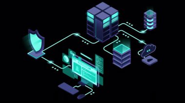 Kalkan animasyonlu VPN koruması. Sanal özel ağ güvenlik teknolojisi konsepti. Siber güvenlik. Isometric teknolojisi. Alfa kanalı ile şeffaf arkaplan
