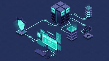 Kalkan animasyonlu VPN koruması. Sanal özel ağ güvenlik teknolojisi konsepti. Siber güvenlik. Isometric teknolojisi. 4K video eşölçülü olarak canlandırıldı