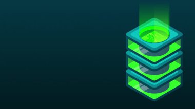 İzometrik veritabanı animasyonu. İzometrik fütürist sunucu. Büyük veri izometrik. Bulut bilgisayarı ve dosya bulut deposu. Isometric teknolojisi. 4K video eşölçülü olarak canlandırıldı
