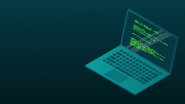 İzometrik dizüstü bilgisayar animasyonu. 3D izometrik dizüstü bilgisayar. Bir dizüstü ekranda soyut programlama dili ve program kodu. Isometric teknolojisi. 4K video eşölçülü olarak canlandırıldı