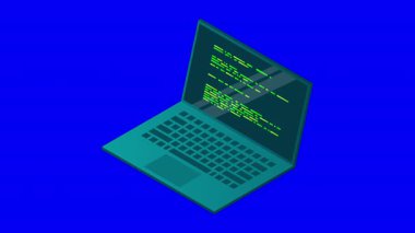 İzometrik dizüstü bilgisayar animasyonu. 3D izometrik dizüstü bilgisayar. Bir dizüstü ekranda soyut programlama dili ve program kodu. Isometric teknolojisi. 4K video eşölçülü olarak canlandırıldı