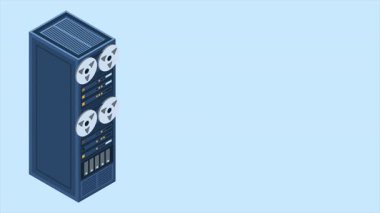 Sunucu rafı animasyonu. Isometric sunucusu. Sunucu ağı ekipmanları. Bilgisayar ağı teknolojisi. Isometric teknolojisi. 4K video eşölçülü olarak canlandırıldı