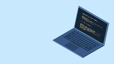 İzometrik dizüstü bilgisayar animasyonu. Program kodlu dizüstü bilgisayar konsepti üzerine programlama. Dizüstü bilgisayar ekranında program kodu. Isometric teknolojisi. 4K video eşölçülü olarak canlandırıldı