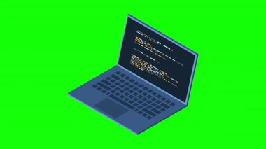 İzometrik dizüstü bilgisayar animasyonu. Program kodlu dizüstü bilgisayar konsepti üzerine programlama. Dizüstü bilgisayar ekranında program kodu. Isometric teknolojisi. 4K video eşölçülü olarak canlandırıldı