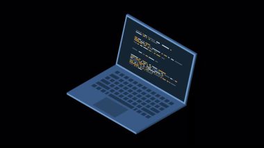 İzometrik dizüstü bilgisayar animasyonu. Program kodlu dizüstü bilgisayar konsepti üzerine programlama. Dizüstü bilgisayar ekranında program kodu. Isometric teknolojisi. Alfa kanalı ile şeffaf arkaplan