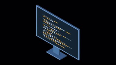 İzometrik monitör animasyonu. Yazılım programlama kodlama kavramı. Bilgisayar monitöründe kod. Isometric teknolojisi. Alfa kanalı ile şeffaf arkaplan