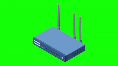 Anten animasyonlu Isometric ağ kablosuz yönlendirici. Kablosuz ağ iletişim teknolojisi. Kablosuz internet yönlendirici. Ağ teknolojisi. 4K video eşölçülü olarak canlandırıldı