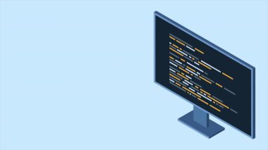 İzometrik monitör animasyonu. Yazılım programlama kodlama kavramı. Bilgisayar monitöründe kod. Isometric teknolojisi. 4K video eşölçülü olarak canlandırıldı