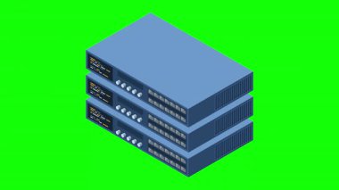 Isometric sunucu animasyonu. Sunucu ağı ekipmanları. Bilgisayar ağı teknolojisi. Depo veritabanı. Isometric teknolojisi. 4K video eşölçülü olarak canlandırıldı