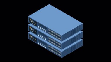 Isometric sunucu animasyonu. Sunucu ağı ekipmanları. Bilgisayar ağı teknolojisi. Depo veritabanı. Isometric teknolojisi. Alfa kanalı ile şeffaf arkaplan