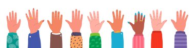 Ellerinizi kaldırın. Çok ırklı ve çeşitli eller havaya kaldırıldı. Aksesuarları birlikte yükselen insan kolları. Uluslararası gönüllü topluluğu. Vektör illüstrasyonu beyaz arkaplanda izole edildi.