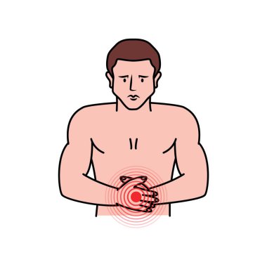 Karnım ağrıyor. Mide ağrısı. İnsan vücudunun farklı yerlerinde ağrı. Metabolizma ve sindirim sorunları. Vektör illüstrasyonu beyaz arkaplanda izole edildi
