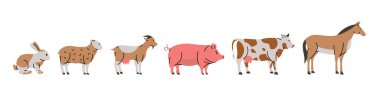 Çiftlik hayvanları seti. Tavşan, Koyun, Keçi, Domuz, İnek, At siluetleri. Vektör çizimi. Beyaz arka planda izole edilmiş çiftlik hayvanları karakteri.