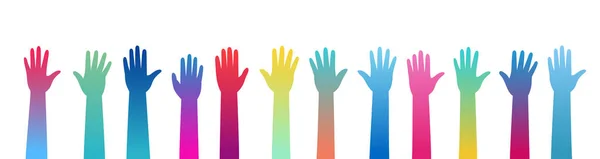 Levantem Mãos Mãos Gradiente Multicoloridas Levantadas Trabalho Equipe Colaboração Votação —  Vetores de Stock