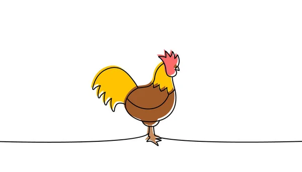 Hahn Eine Linie Farbige Ununterbrochene Zeichnung Hahnensymbol Farmvogel Durchgehende Farbenfrohe — Stockvektor